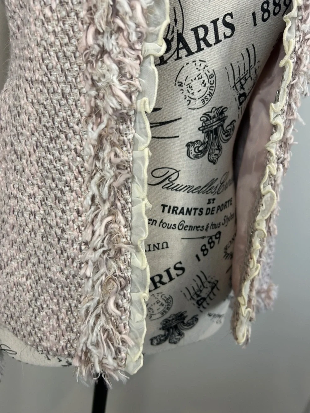 Utd Textured Tweed Jacket Blush Pink Ruffle Trim Fringe Open Front M READ - Picture 2 of 12